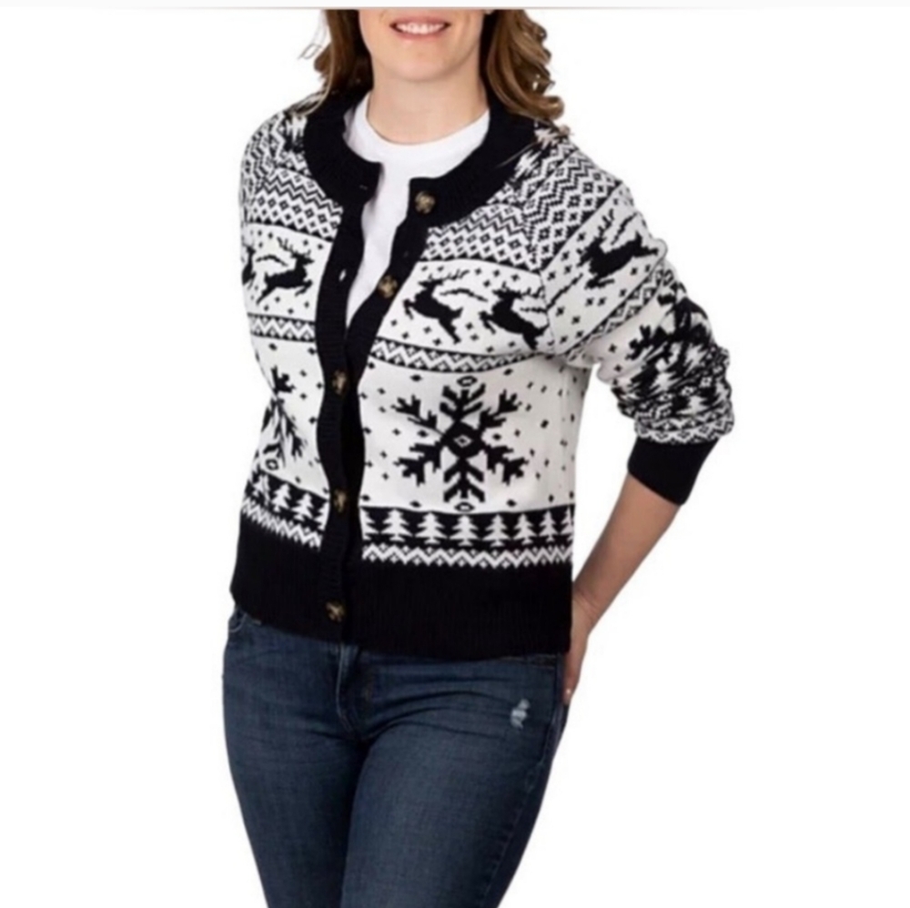 Dec. 25th Cardigan Sweater Women's Navy and White Reindeer with snow fla…